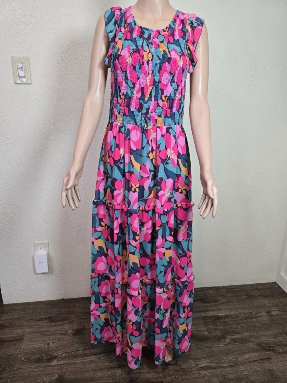 MELLODAY Magenta & Teal Floral Smocked Maxi Dress